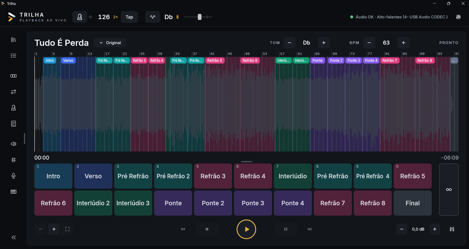 Botões das partes da música embaixo da onda
